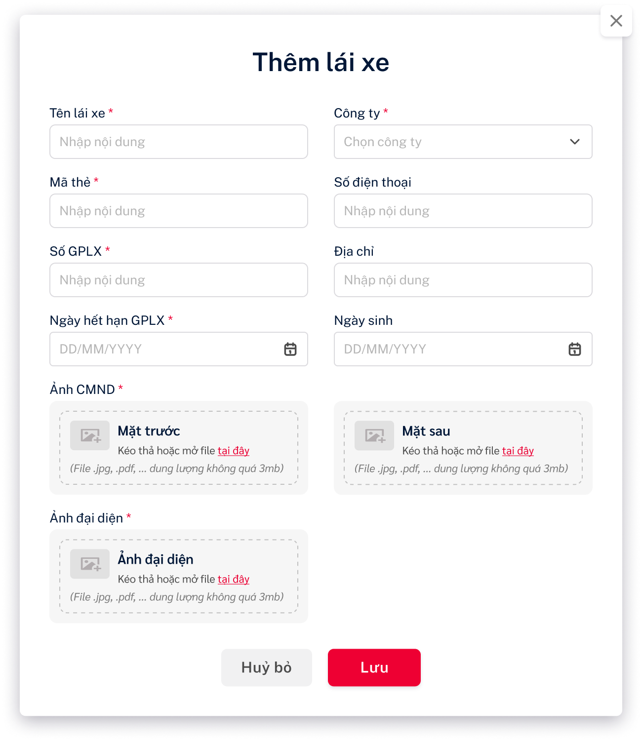 Màn hình quản trị hồ sơ lái xe