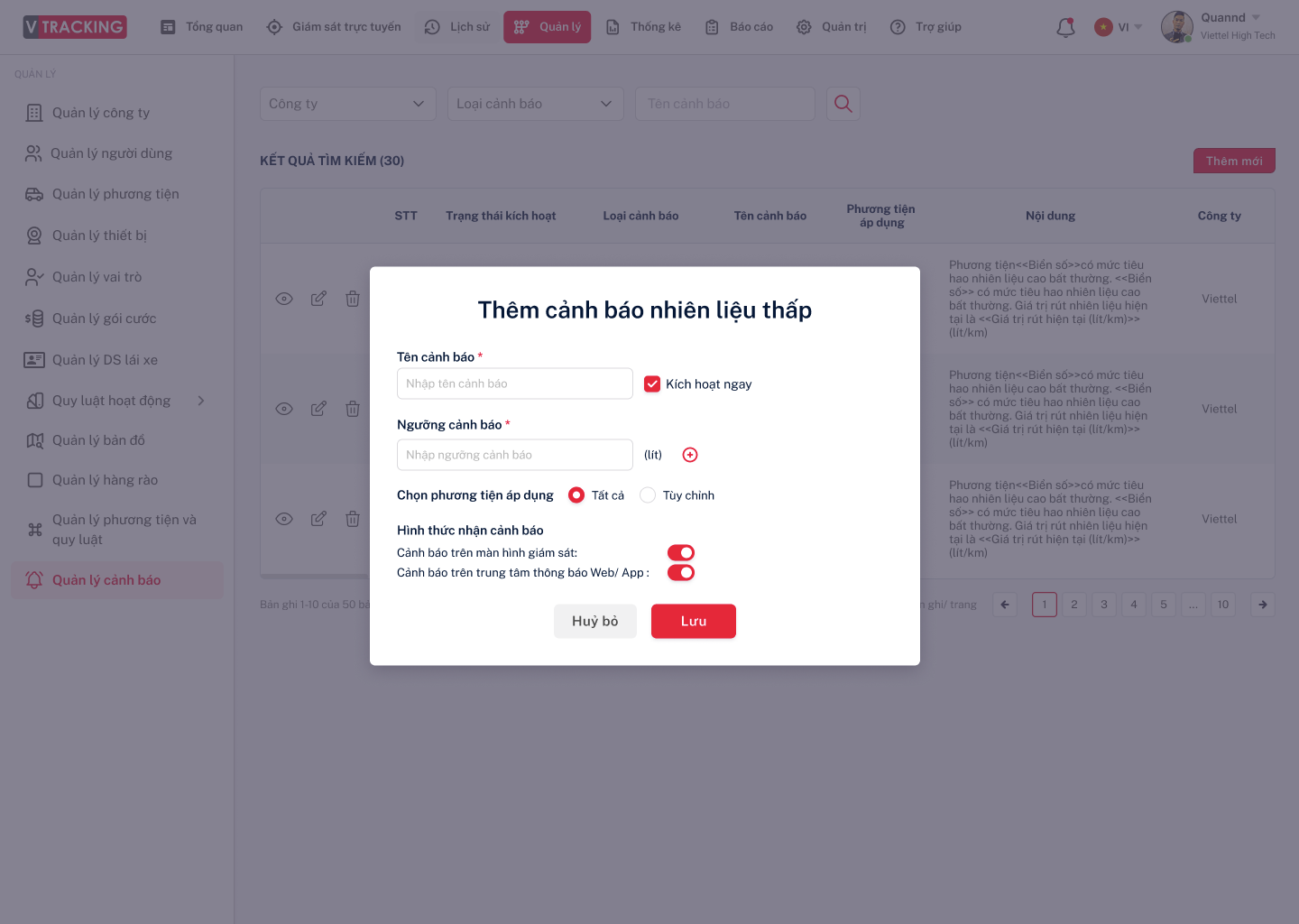 Thiết lập cảnh báo vận hành phương tiện